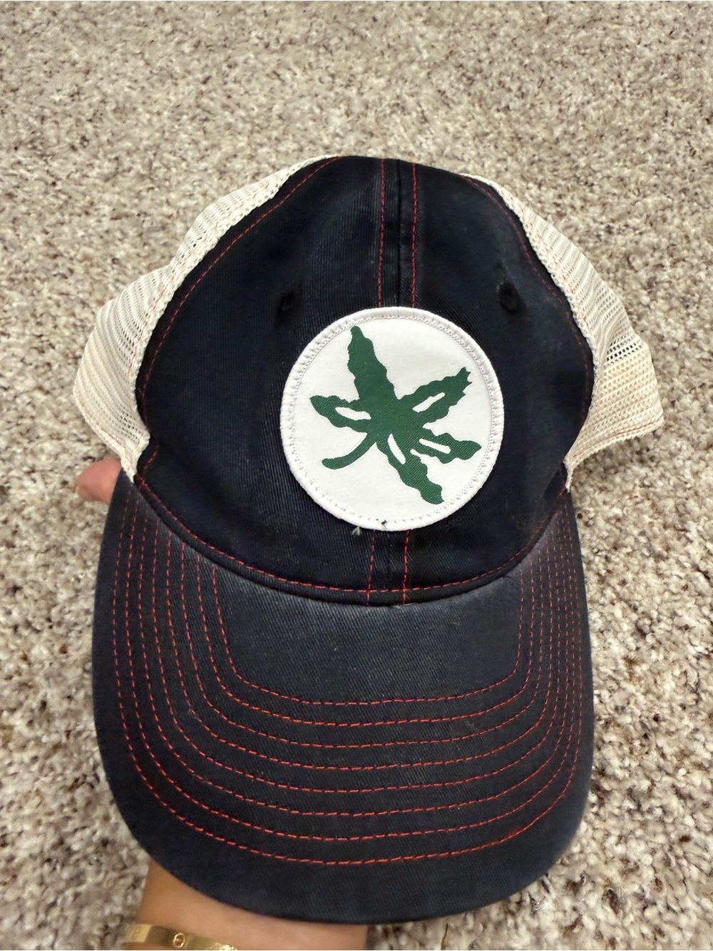 Ohio State Black Trucker Baseball Hat with Buckeye Leaf Patch